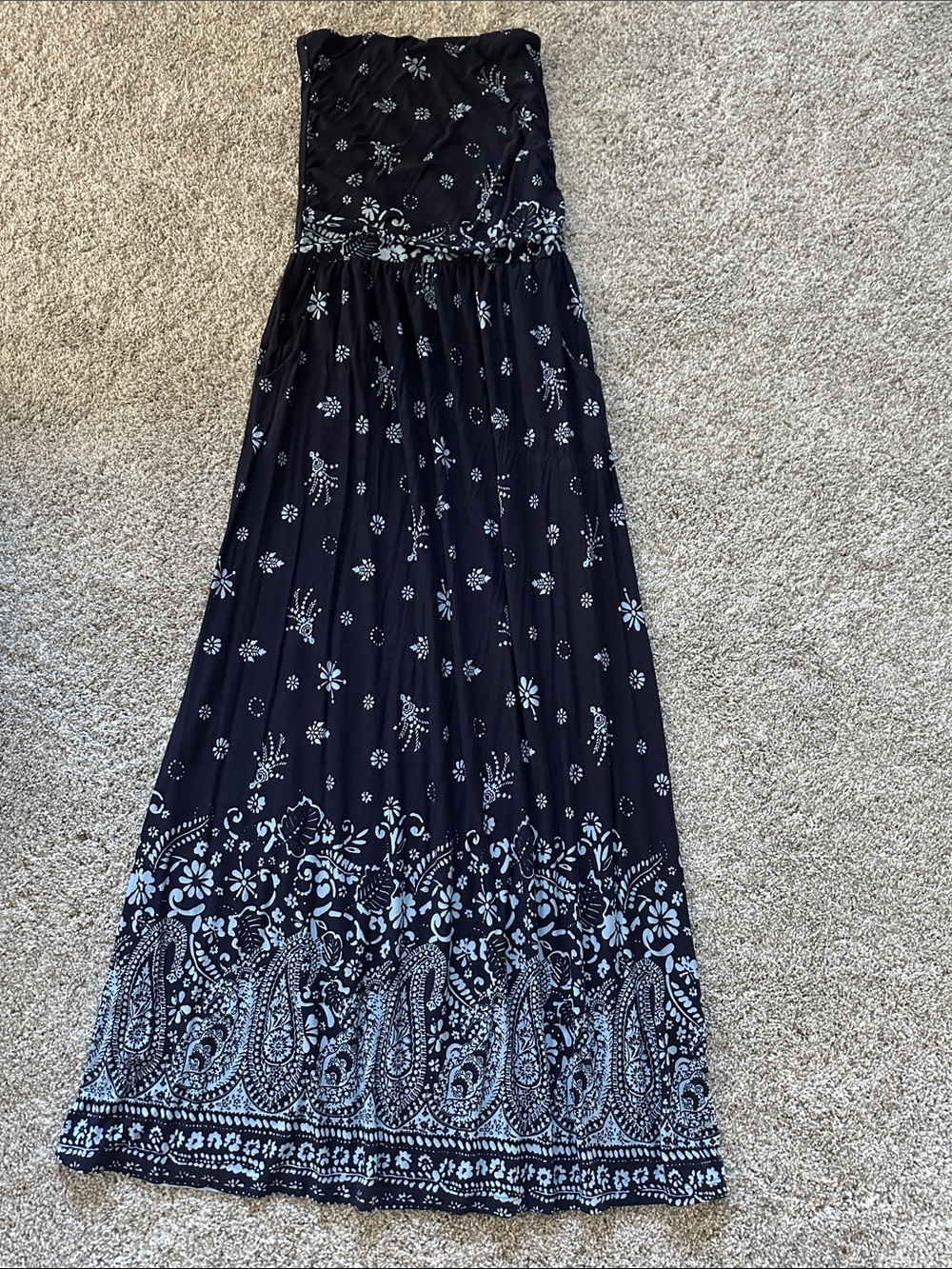 Strapless Black Maxi Dress with White Paisley Border Detail